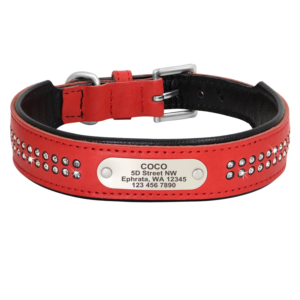 Personalizirana kožna ogrlica s kristalima za pse | Graviranje imena | XS-XL | 4 boje
