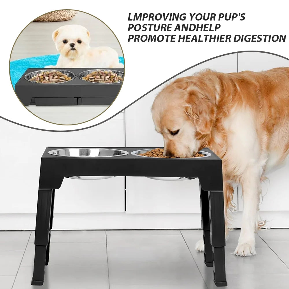 Dog Feeder Bowls Adjustable Raised Stand with Double Stainless Steel Food Water Bowls Small Medium Large Dogs Feeding Station