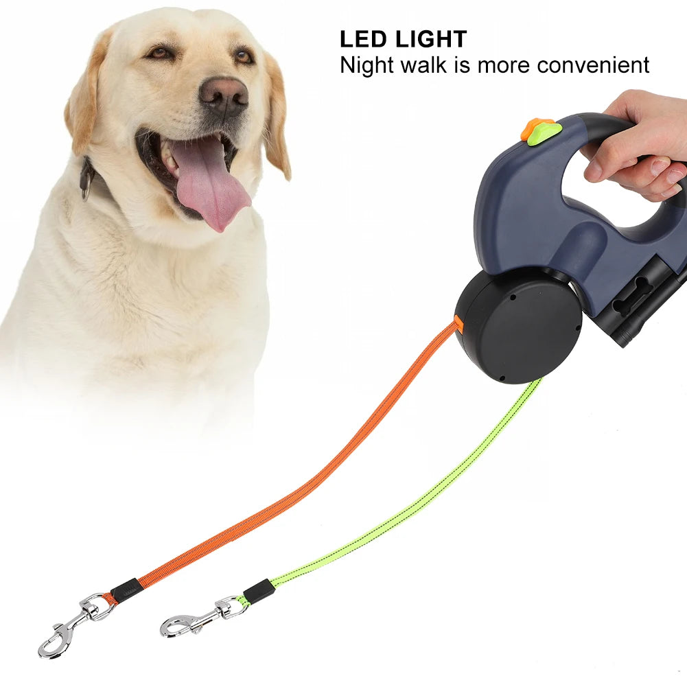 Uvlačeći povodac za dva psa s LED svjetlom — 300 cm, ergonomski dizajn