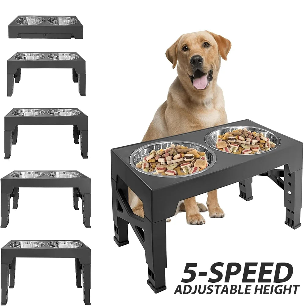 Dog Feeder Bowls Adjustable Raised Stand with Double Stainless Steel Food Water Bowls Small Medium Large Dogs Feeding Station