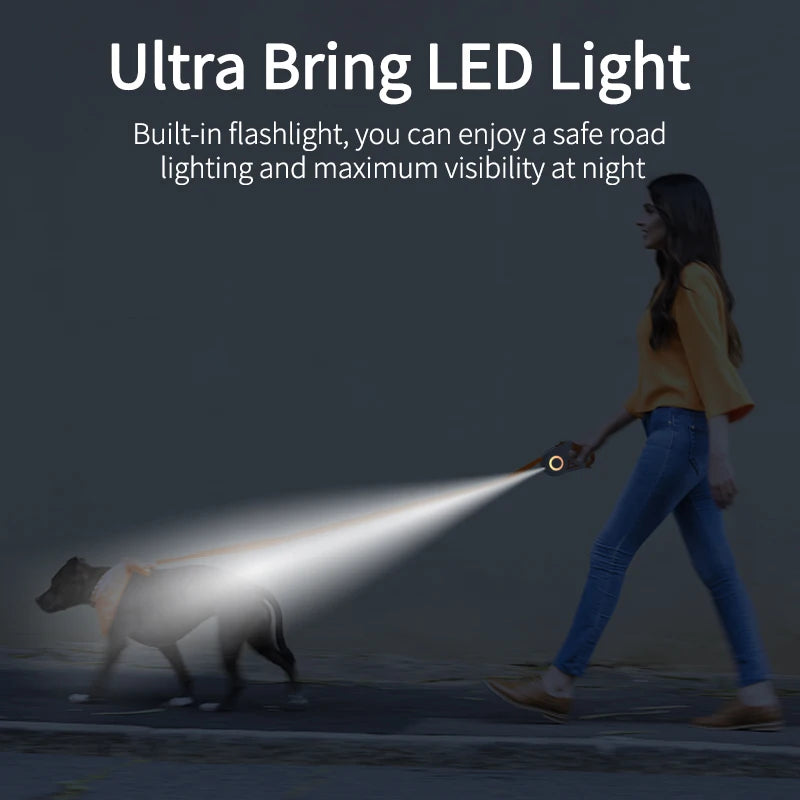 Uvlačeći povodac 5m s LED svjetlom za pse | Reflektirajući | Noćne šetnje | 3 boje