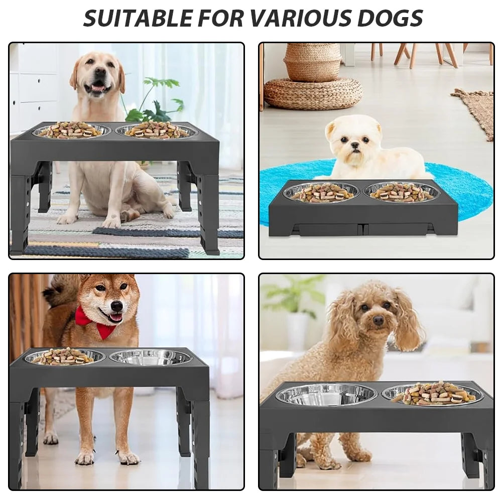 Dog Feeder Bowls Adjustable Raised Stand with Double Stainless Steel Food Water Bowls Small Medium Large Dogs Feeding Station