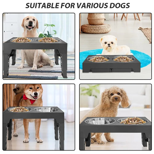 Dog Feeder Bowls Adjustable Raised Stand with Double Stainless Steel Food Water Bowls Small Medium Large Dogs Feeding Station